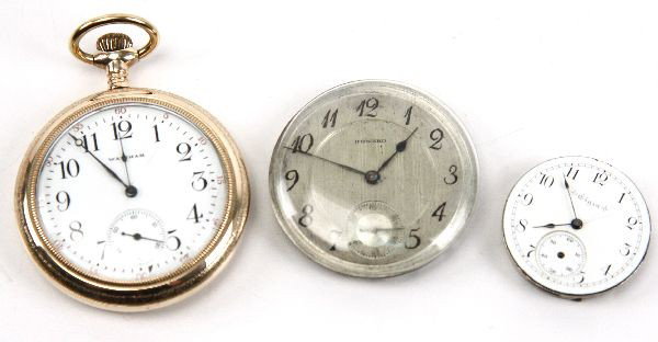 WALTHAM POCKET PLUS HOWARD AND ELGIN MOVEMENTS: Included is a Waltham pocket watch in gold tone case. Good condition. Also included are two movements from 14k gold cases, one Howard with second hand and crystal. The other is an Elgin missing the se