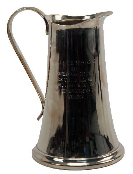 USS UVALDE 1965 PRESENTATION TANKARD: A silver plate presentation tankard to Captain J.O. Sherman Commanding Officer USS Uvalde AKA-88 1965 to 1966, the Uvalde was part of the Cuban Missile Blockade in 1962, this tankard was presented by 