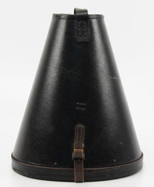 IMPERIAL GERMAN PICKLEHAUBE STORAGE CONTAINER: 15 inches in height with a 12.5 inch base diameter. Leather over wood construction with leather straps. Overall very good condition with some spotting to interior lining and scuffs to exterior.