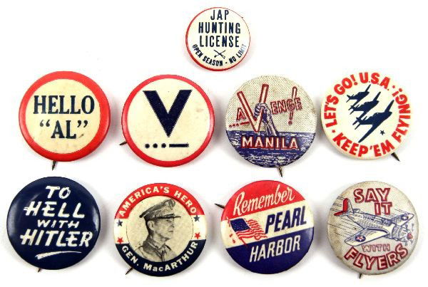 WW2 HOME FRONT PINBACK BUTTON LOT OF 9: A selection of 9 home front patriotic and propaganda pins, such as "To Hell With Hitler" " Jap Hunting License". All in very good condition.