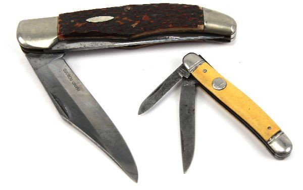 TWO VINTAGE POCKET KNIVES HOFFRITZ AND IMPERIAL: Included is a large (9.5 inch open, 5.25 closed) Hoffritz pocket knife with stag handle. Two blades open the same direction. Main blade is marked "Hoffritz Germany" and " hand forged". Very good condi