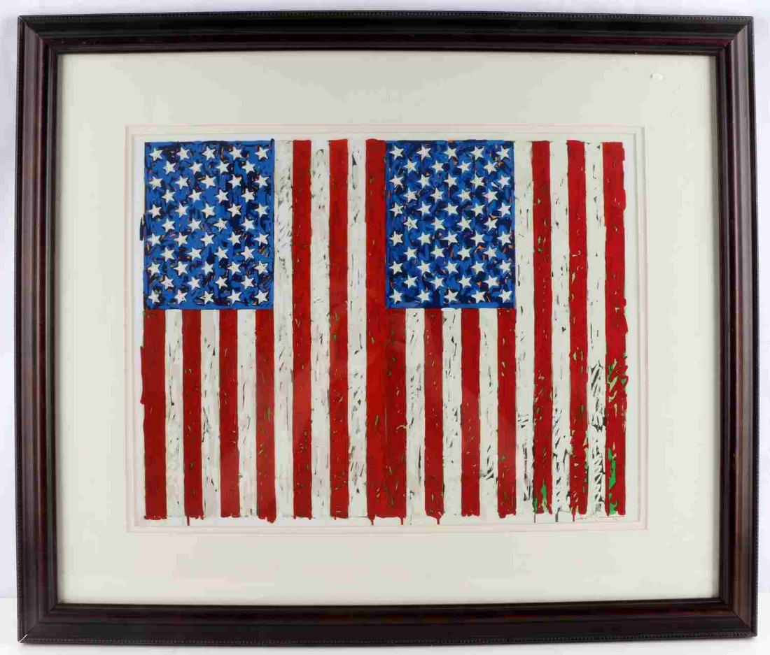 JASPER JOHNS FLAGS 1 GICLEE POP ART LITHOGRAPH: Quality giclee, matte and framing of this 1973 encaustic painting by the American Pop artist Jasper Johns. Created when Johns was 24 (1954–55), two years after he was discharged from the US Army, th