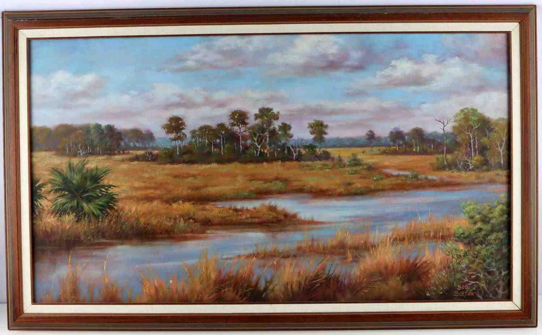 BOB BORTON FLORIDA LANDSCAPE PAINTING ST MARKS: Original oil on board by Bob Borton . Title: St. Marks Panorama. Condition: very good Dimensions: framed 24x40 inches, image 20x36 inches.