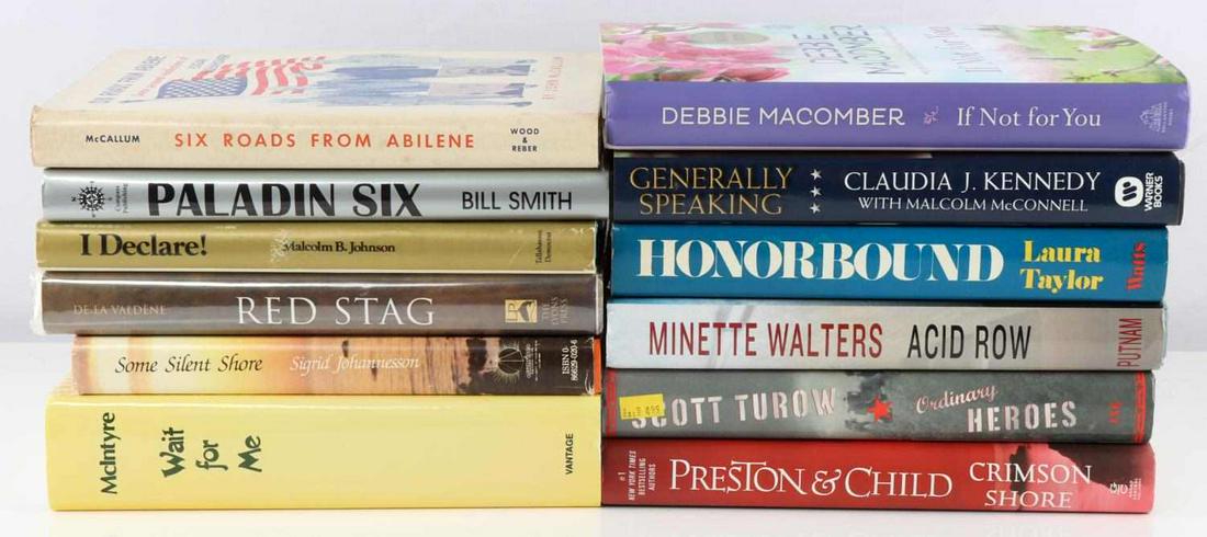 12 HARDBACK BOOKS SIGNED BY THE AUTHOR: All in good pre-owned condition signed with jackets. Titles include: Red Stag by Valdene, Acid Road by Walters, Wait for me by McIntyre, Honor Bound by Taylor, Paladin Six by Smith, If Not For You by 