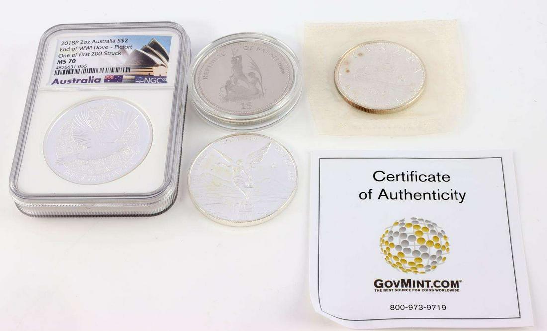 SILVER $1 & $2 COINS CANADA MEXICO AUSTRALIA PALAU: Total of 5 troy ounces in 3 coins: NCG graded 2018 Australia $2 2-oz Silver Piedfort Dove NGC MS70, 1966 Canadian Silver Dollar with COA, 2009 $1 Republic of Palau and a 2018 Mexican Libertad in mint