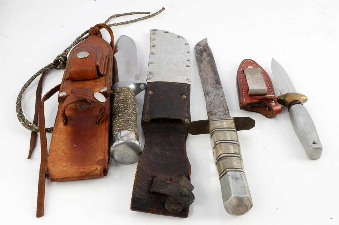 GERCIA JACQUES KERSHAW SPECIAL AGENT KNIFE LOT: Garcia 12 inch knife with sheath, Kershaw 8 1/2 inch and WWII trench art with Lucite grip 14 inches.