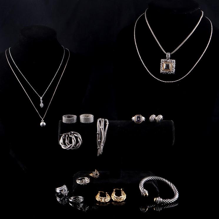 YURMAN & TIFFANY INSPIRED STERLING JEWELRY LOT: David Yurman and Tiffany & Co. inspired sterling silver jewelry lot.Sterling silver David Yurman inspired twisted cable bracelet with gold toned ball tips, size is slightly adjustable, 7'. Italian ste