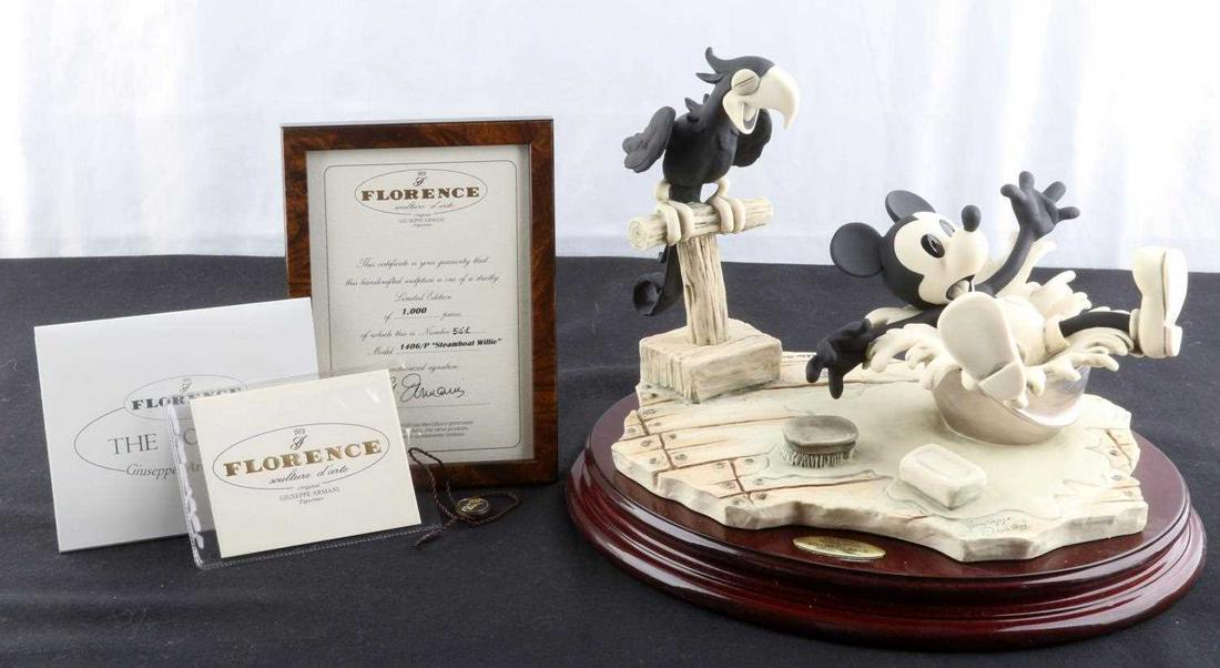 GIUSEPPE ARMANI STEAMBOAT WILLIE 1406P FIGURINE: TITLE: Limited Edition Disney by Giuseppe Armani "Steamboat Willie" Official Disneyana Convention 2000 figurine. With base. SERIAL: #1406P EDITION: Limited Edition of 1000 pieces. Official Disneyana C