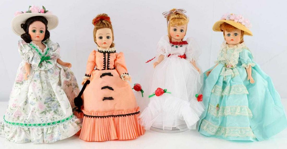 VINTAGE MADAME ALEXANDER COMPOSITE DOLLS LOT OF 4: 4 Madame Alexander hard vinyl dolls. Iris, Scarlett, Holly and Jasmine. All in good condition with original tags and clothing including shoes and stockings. All include a stand. Height: 10-11 inches w