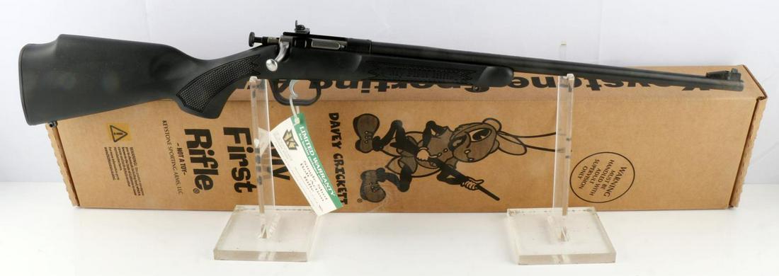 NIB CRICKETT MY FIRST RIFLE 22LR SINGLE ACTION: New in box Keystone Sporting Arms - Crickett My First Rifle, measures approx. 30 inches in total length with a 16 inch barrel. Manual cocking single-shot bolt action, 22 LR caliber, fixed front sight 