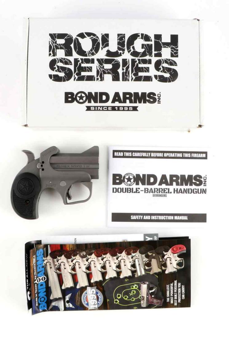 NIB BOND ARMS ROUGHNECK 9MM COMPACT HANDGUN: New in Box Bond Arms Roughneck 9mm Compact Derringer Handgun, measures approx. 4.5 inches in total length with a 2.5 inch barrel. Stainless steel double-barrel and frame, 9mm caliber, front and rear s
