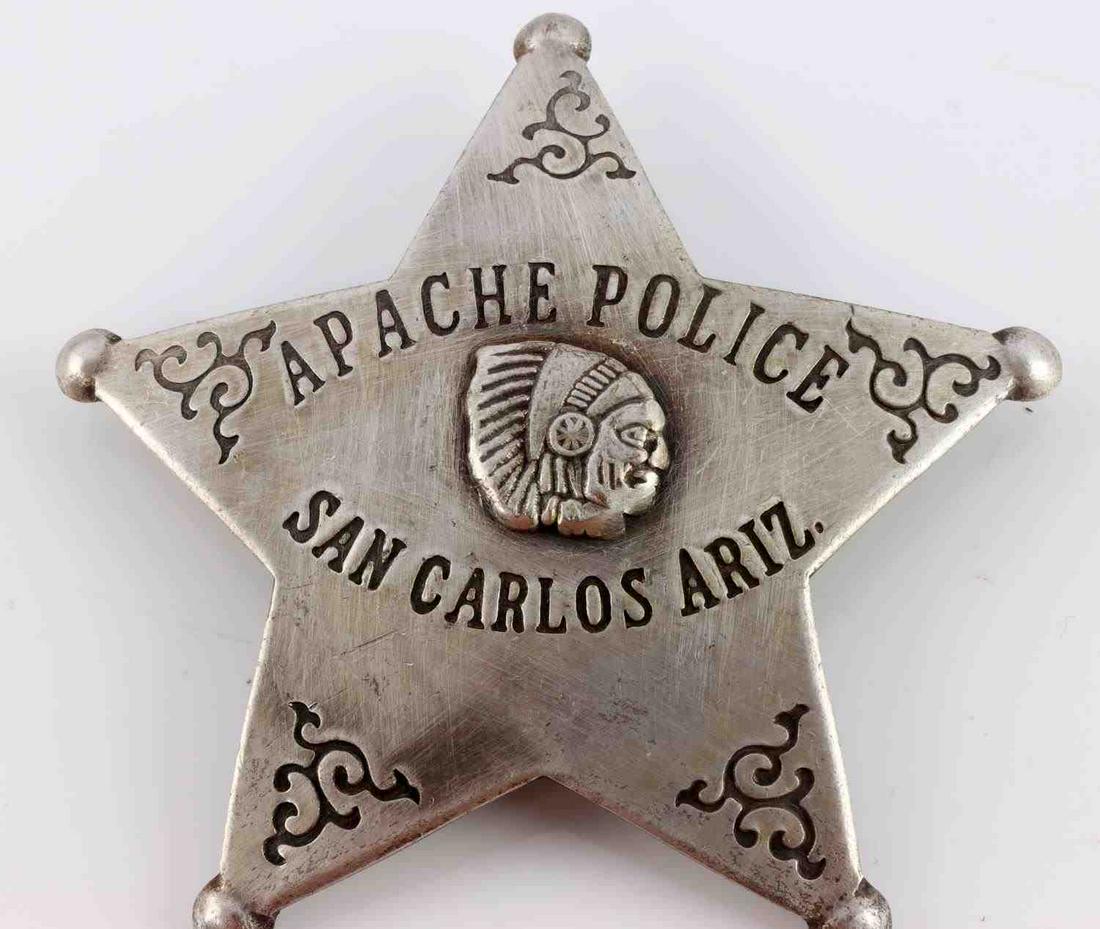 NATIVE APACHE POLICE SAN CARLOS ARIZONA BADGE: 5 Star badge. Native American head in the center. No markings on reverse. Measures 3 1/8 inches. Unauthenticated, sold as is. This lot has a reserve.