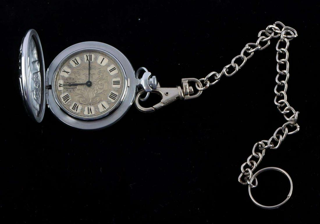 SOVIET MARITIME NAVY SUBMARINE POCKET WATCH: Soviet maritime navy submariner's pocket watch in good, working condition. Roman numerals on face, which has very few visible scratches. Exterior also in good condition. Unauthenticated, sold as is.