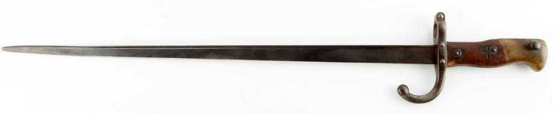 1876 FRENCH GRAS RIFLE BAYONET SWORD ST ETIENNE: 1876 French Gras rifle sword bayonet with blade in good condition with some scratches and blemishing intermittent throughout. Blade measures 20 1/8 inches long in total. Serial number "4103" on crossg