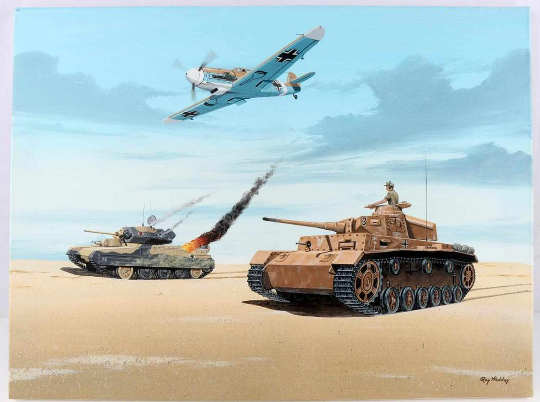 RAY WADDEY WWII GERMAN AFRIKAKORPS PANZER PAINTING: Acrylic on canvas depiction of a Panzer tank passing a downed Crusader tank with air cover from an ME-109F. Canvas measures 2 feet wide by 18 inches tall. Some light blemishing on corners of painting.