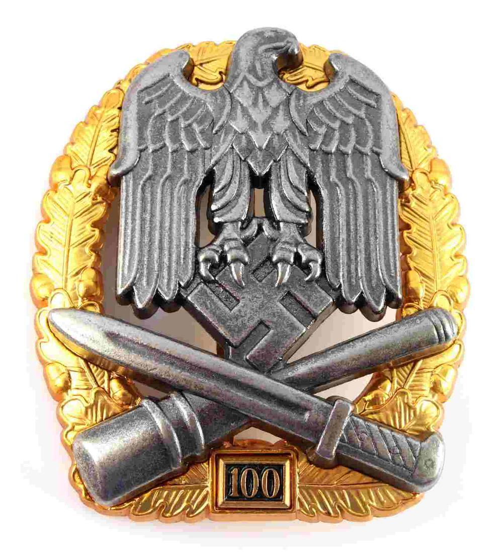 WWII GERMAN THIRD REICH TANK ASSUALT BADGE 100 PIN: Marked JFS of the reverse and 100 on the front for 100 assaults. Measures 2 1/4 inches. Unauthenticated, sold as is.