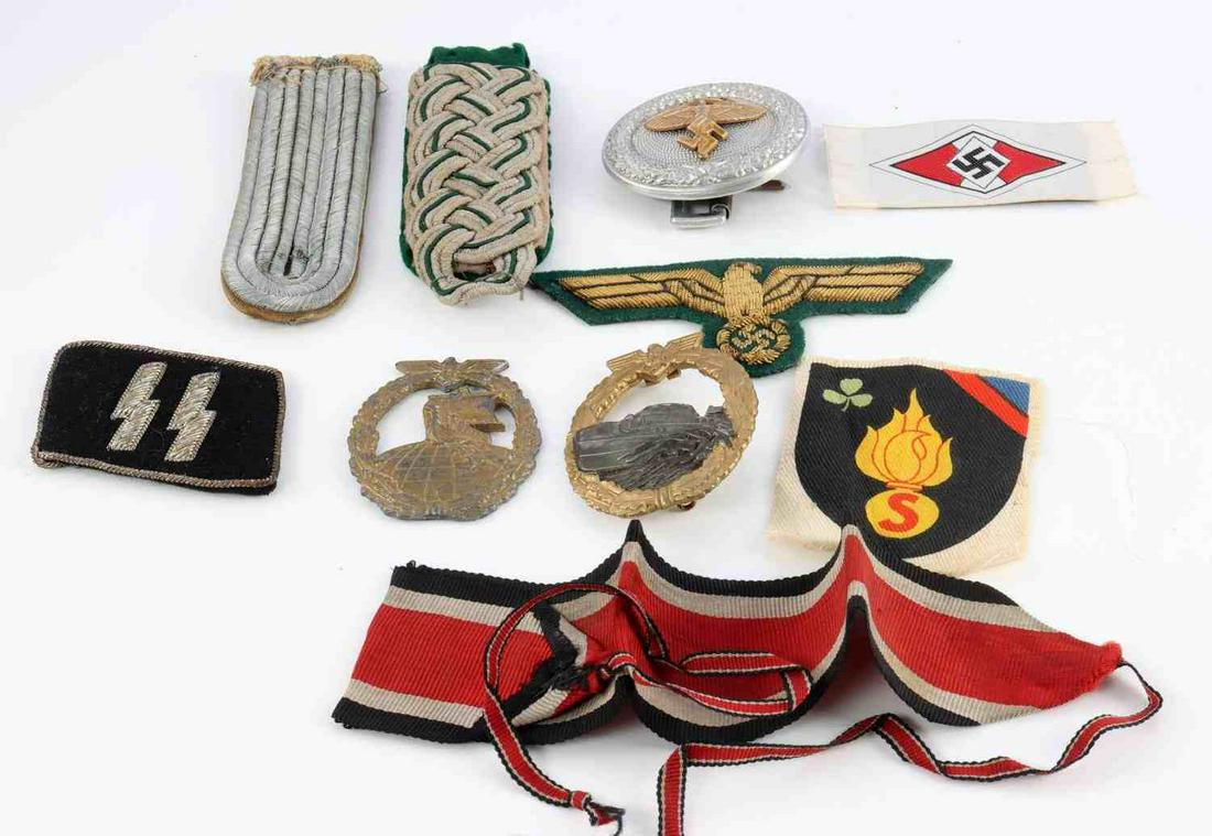 WWII GERMAN SS VARIOUS PATCHES BELT BUCKLE PINS: Assorted patches including; European Ordinance, Waffen SS, Hitler Youth insignia, Major of rifle regiments, General Offices Lieutenant, Reichsadler, Iron Cross, 2nd class ribbon.German NSFK aluminum b