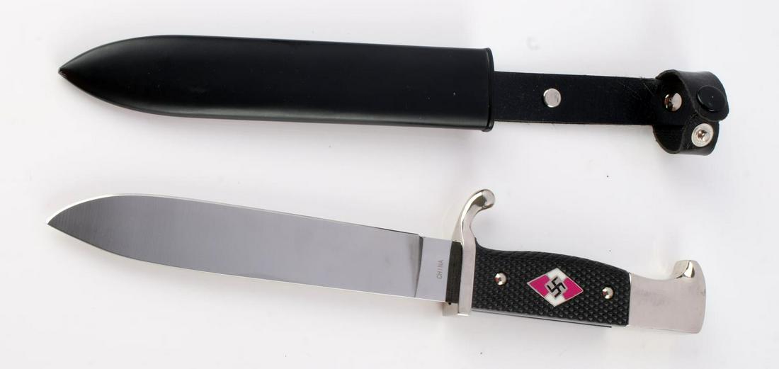 WWII THIRD REICH GERMAN HITLER YOUTH DAGGER: 5 5/8 inch blade with motto, marked China, checkered synthetic grip with HJ diamond enamel inlay, steel fittings. Comes with scabbard and frog. Very good condition. Unauthenticated, sold as is.