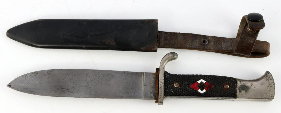 WWII GERMAN THIRD REICH HJ HITLER YOUTH KNIFE: Slight loss to HJ diamond, RZM 1942 date at ricasso, Eickhorn, stained not pitted blade. Dent free sheath appears to have been repainted at some time.