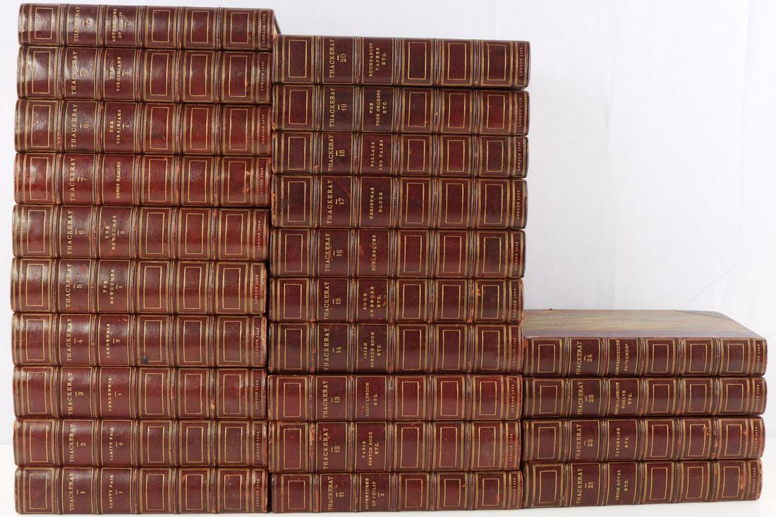 1869 WILLIAM MAKEPEACE THACKERAY ANTIQUE BOOK SET: 24 Volume set of The Works of William Makepeace Thackeray Leather bound edition of 24. London: Smith, Elder & Co. 15, Waterloo Place 1869. Illustrated by the Author. Condition: Good with some wear to 