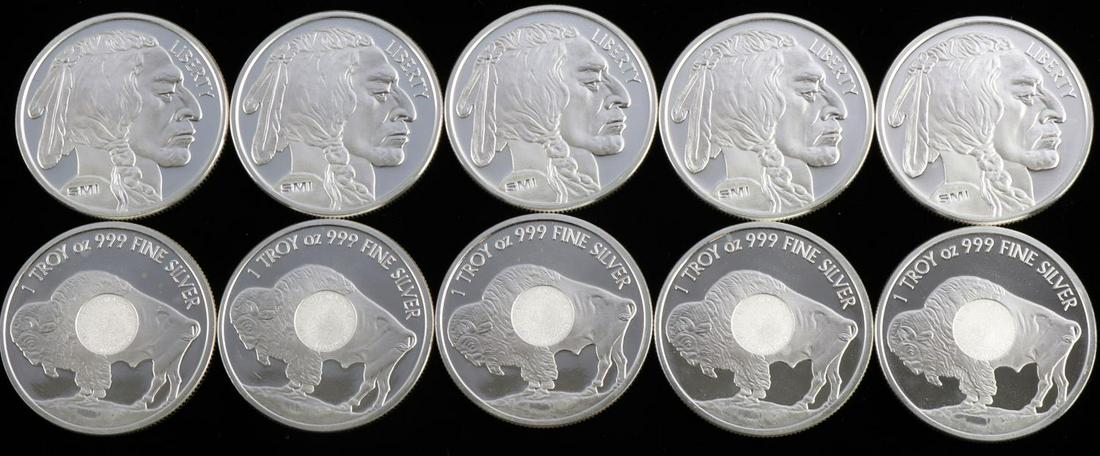 .999 FINE SILVER 10 BUFFALO ROUNDS 1 OZ EACH: Total of 10 troy ounces of electronically tested .999 pure silver rounds