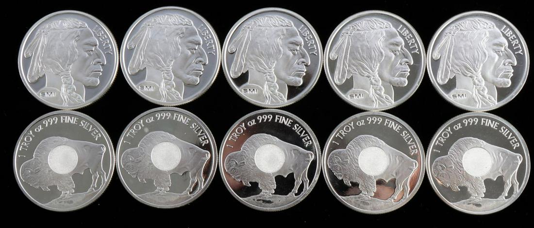 .999 FINE SILVER 10 BUFFALO ROUNDS 1 OZ EACH: Total of 10 troy ounces of electronically tested .999 pure silver rounds