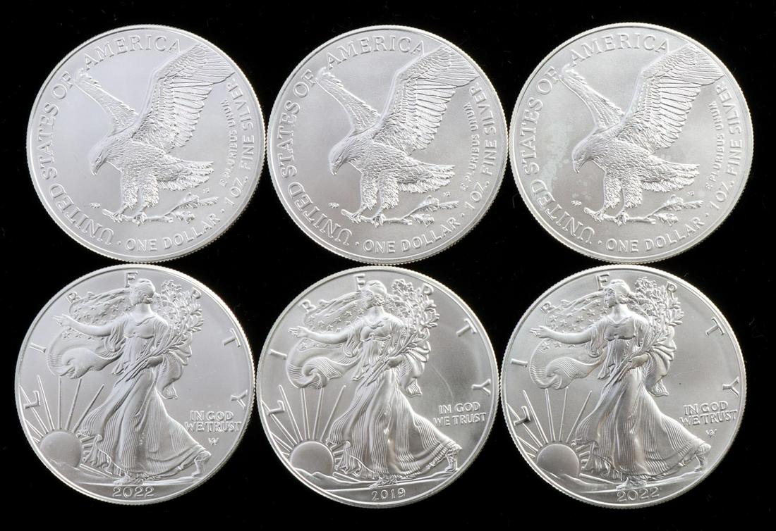 6 AMERICAN EAGLE 1 OZ SILVER COINS: 6 Brilliant uncirculated 1 troy ounce silver dollar coins