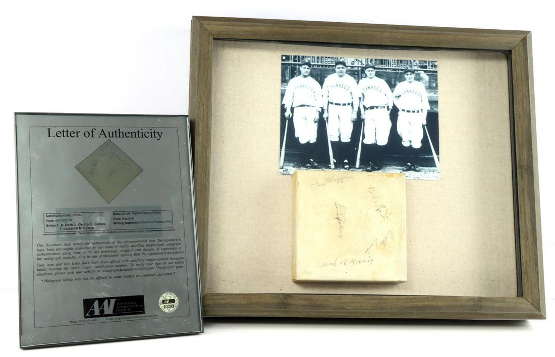 BASEBALL WORLD SERIES RUTH GEHRIG SIGNED BASE: Lot features 5 signatures from the NY Yankees Murderer's Row. Lou Gehrig, Babe Ruth, Earle Combs, Tony Lazzeri, and Mark Koenig. Dated October 2 1932 which was during the Cubs vs Yankees World Series