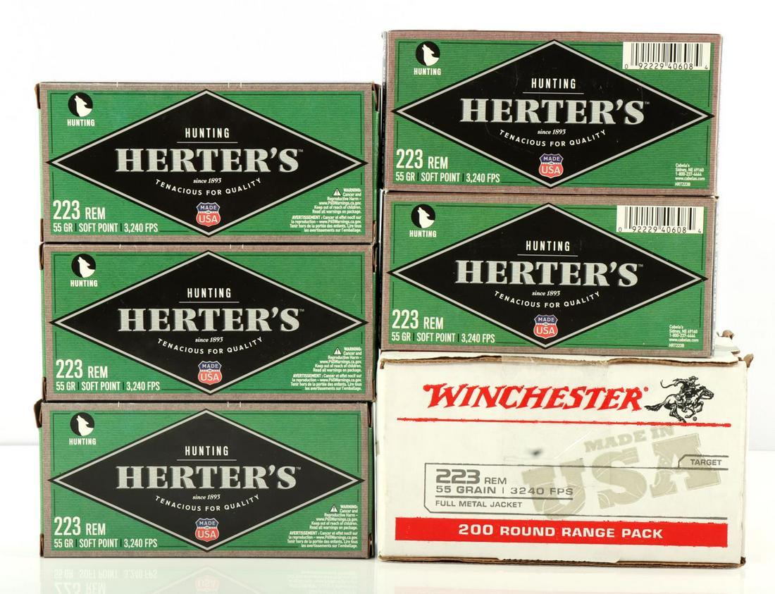 275 PLUS RDS HERTERS & WINCHESTER 223REM 55GR AMMO: 96 Rounds of Herter's hunting 223 Rem 55GR Soft Point 3,240 FPS Ammunition. Five boxes. 175+ Rounds of Winchester 223 Rem 55 Grain 3,240 FPS Ammunition. One opened 200 round range pack box, now has 17