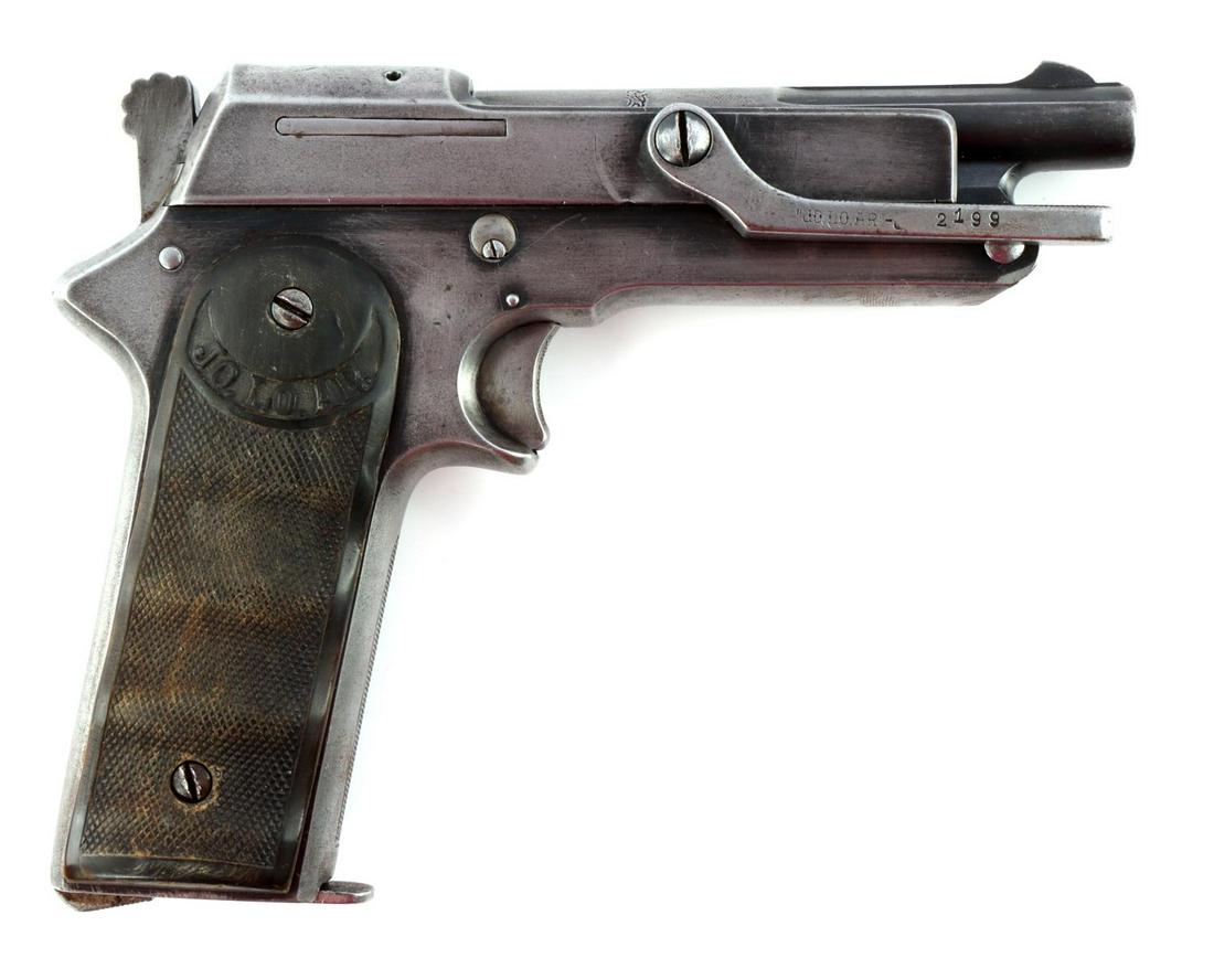 JO LO AR 9MM SPANISH SEMI AUTO CAVALRY PISTOL: Jo. Lo. Ar. 9m Spanish semi auto cavalry pistol in good condition. Barrel measures 4 1/4 inches long with a bright and clear bore with good rifling. Action is smooth, as is magazine release and barrel