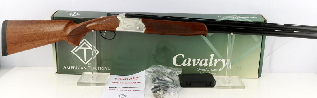 AMERICAN TACTICAL CAVALRY .410 O/U SHOTGUN NIB: New in box American Tactical, Cavalry .410, 26 inch barrel 3 additional chokes, weigh approximately 6 pounds. No international sales, FFL transfer required. Caliber: 410 Serial #: 720-H22UU-4119 This 
