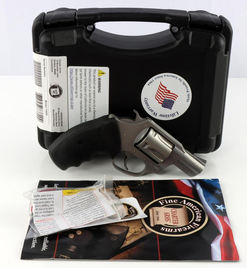 CHARTER ARMS UNDERCOVER 38 SPL REVOLVER NEW IN BOX: Model 73820, 5 shot, Stainless steel frame, full grip, fixed sights, 2 inch barrel, weight 17 ounces. No international sales, FFL required to transfer. Caliber: 38 SPECIAL Serial #: 22-77092 This lot 