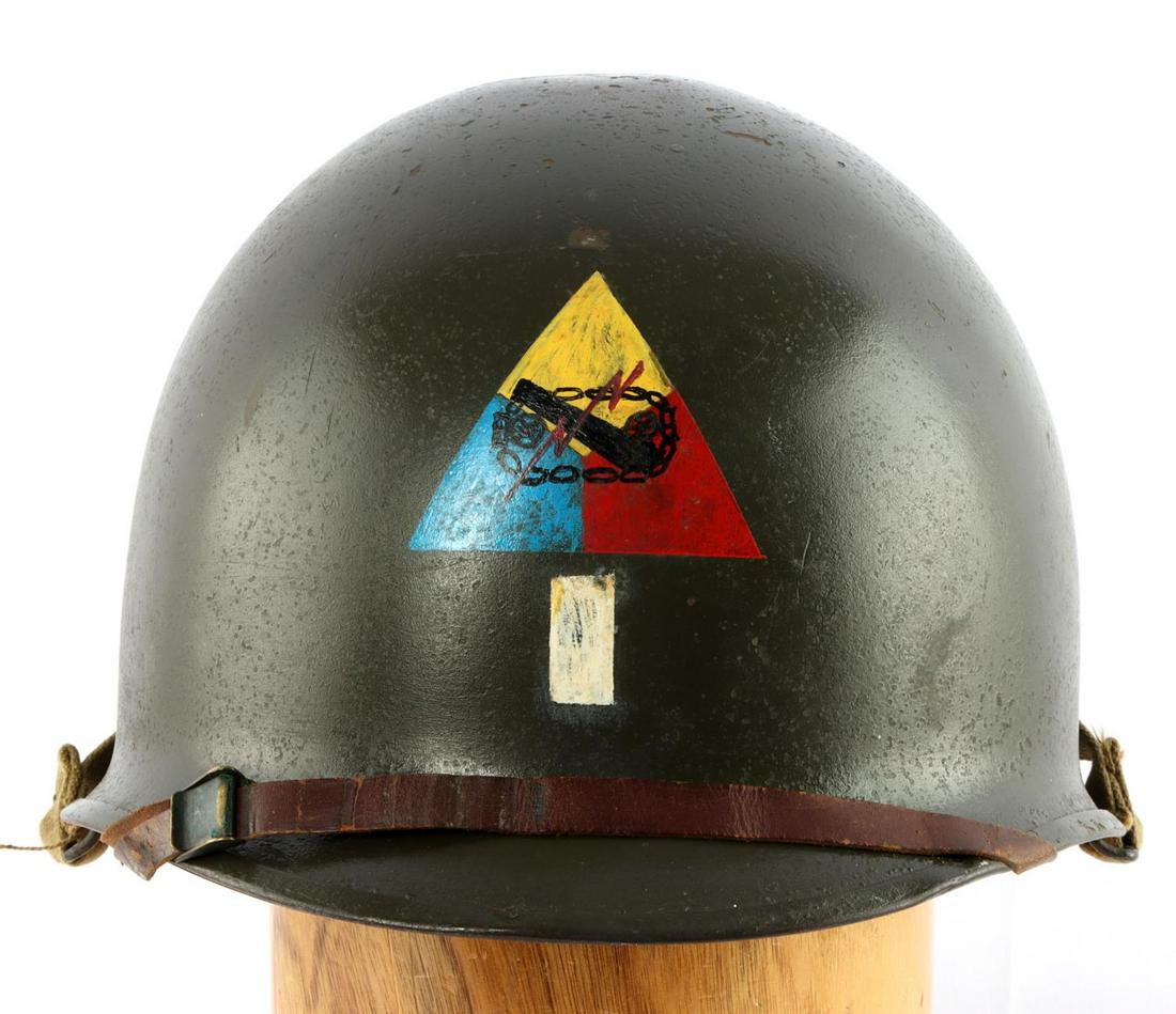 WWII US MILITARY M1 ARMORED LIEUTENANT HELMET: Dark olive green. No markings on interior. Swivel bale. Comes with liner. Very good condition.