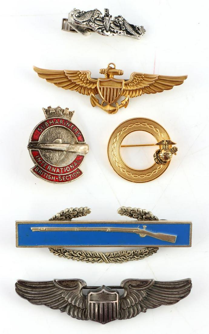 LOT OF 6 US MILITARY PINS NAVY AF PILOT AND MORE: Lot features a US Navy pilot LGB 1/10th 10kt GF, US Air Force pilot by Amco and marked sterling. Combat Infantry badge marked sterling. Submarines International British section badge. Finally a marine