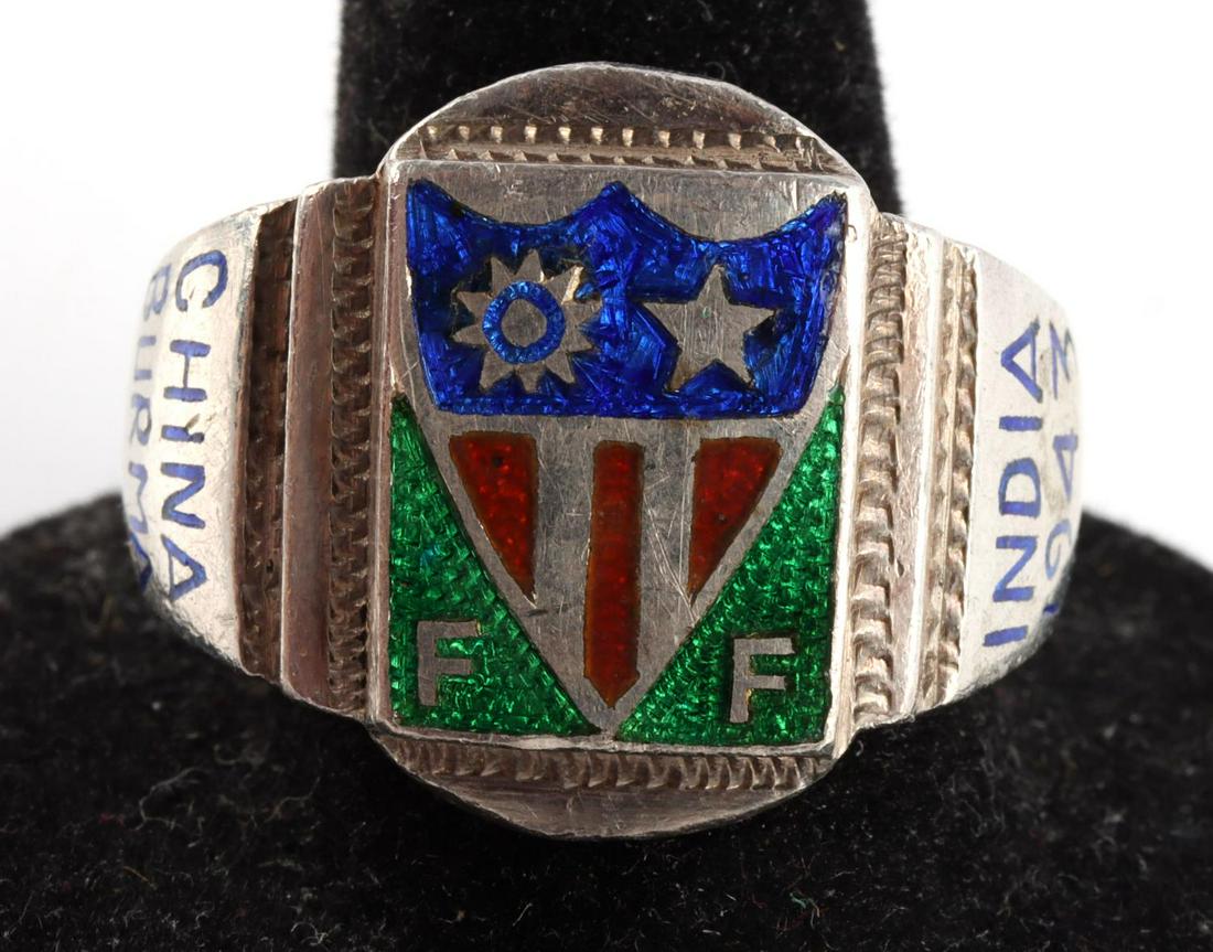 WWII US MILITARY CHINA BURMA INDIA RING SIZE 12: CChina, Burma, India insignia. Size 12.25. Silver construction. Very good condition.