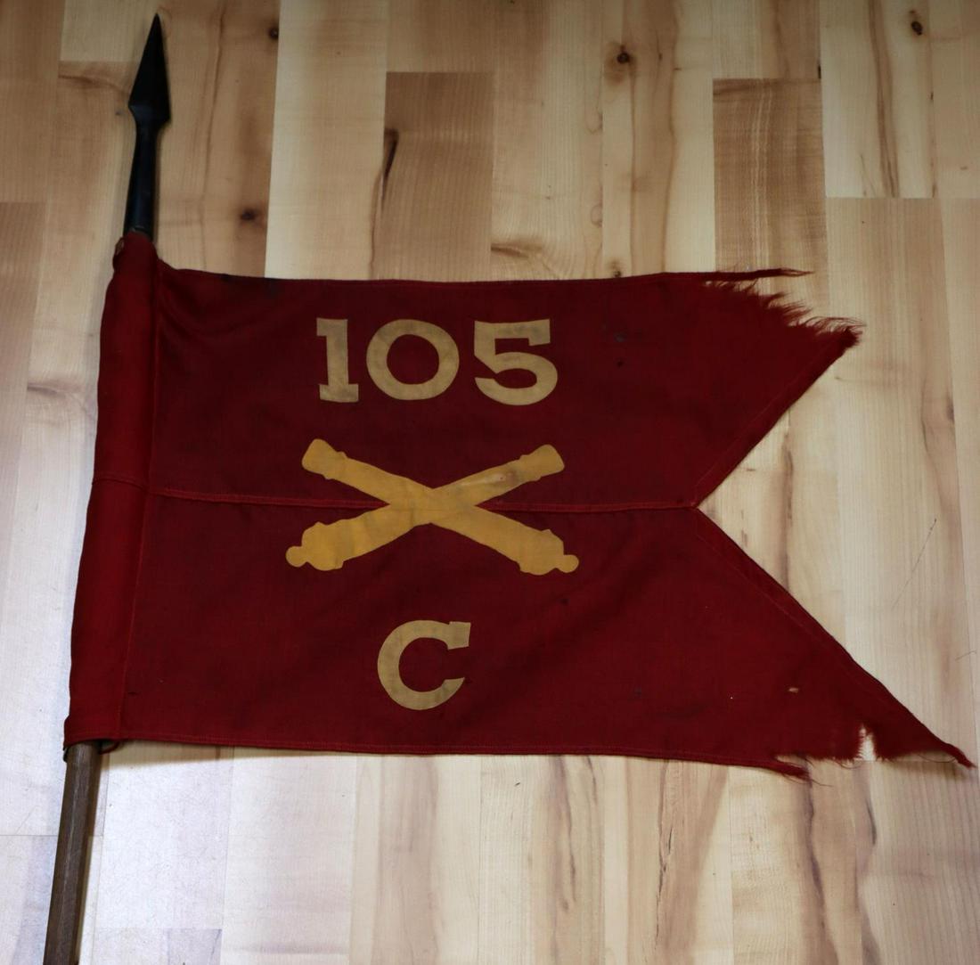 INDIAN WARS ARTILLERY GUIDON FLAG 105 C: With 79 inch pointed staff, pennant style guidon 28 by 26 inch with apparent as photographed wear. Wool construction.