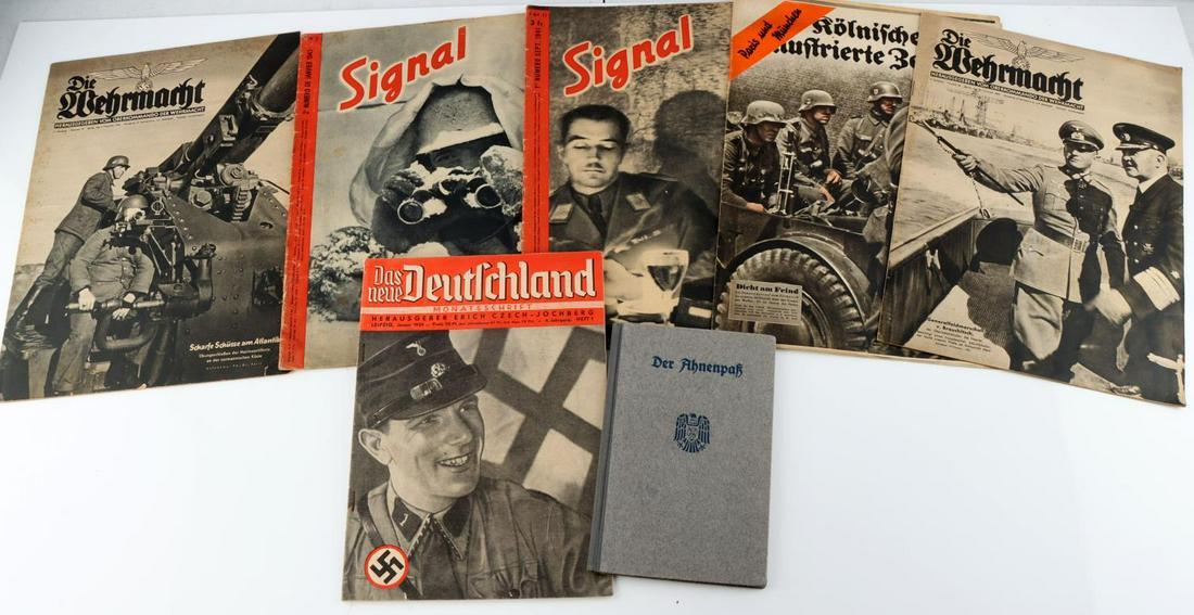 WWII GERMAN ANCESTOR PASSPORT & 6 SIGNAL WEHRMACHT: Passport proving no Jewish ancestry belonging to Willy Friedeman of Adolf Hitler group 85, lists his ancestry, very good original condition, also Signal, Wehrmacht and other magazines.