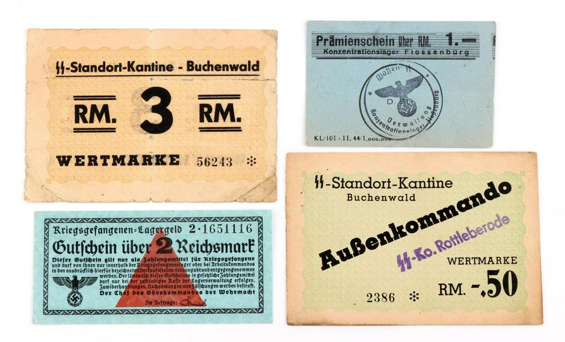 3 WWII CONCENTRATION CAMP BUCHENWALD CANTEEN NOTES: Two from Buchenwald , one from Flossenburg, mobile and fixed Canteen. Also a Kriegs Lagergeld military scrip. VF Condition.