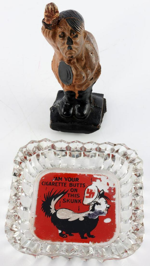 WWII ANTI HITLER ANTI FASCISM ASHTRAY AND FIGURINE: Anti Hitler and anti Fascism ashtray and figurine. Glass ashtray measures 4.5X4.5 inches, features painted scene on bottom showing Hitler as a skunk and reads "Jam your cigarette butts on this skunk."