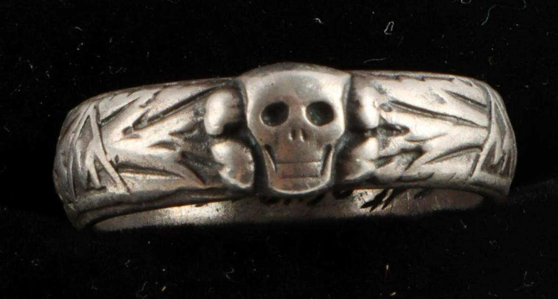 WWII GERMAN REICH SS HIMMLER TOTENKOPF HONOR RING: WWII German Reich silver SS Himmler Totenkopf honor ring with awarded name on interior and date "28. 03.36" alongside facsimile Himmler signature. Some detail worn on exterior bottom of ring. Good ove