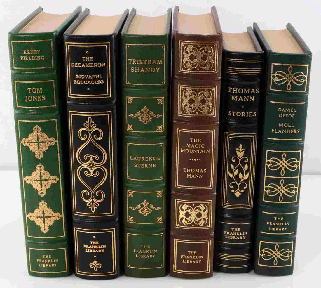 6 FRANKLIN LIBRARY COLLECTION LEATHER BOUND BOOKS: Lot of 6 leather bound books - all in very good condition. Books include: Moll Flanders by Daniel Defoe, The Magic Mountain by Thomas Mann, Stories by Thomas Mann, Tom Jones by Henry Fielding, The Dec