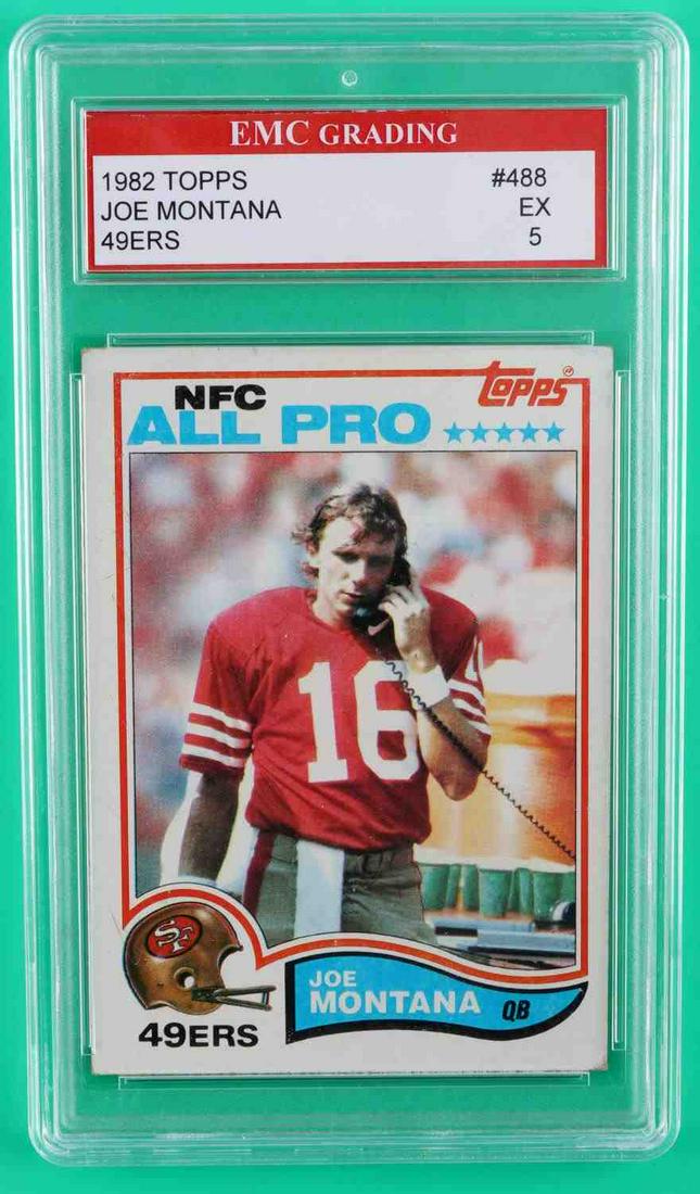 1982 TOPPS JOE MONTANA 49ERS QB EMC GRADED CARD: Original 1982 Topps "NFC All Pro" trading card of San Francisco 49ers legend Joe Montana. Encapsulated. EMC grading. #488 EX 5. Unauthenticated, sold "as is".