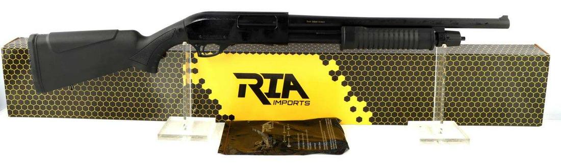 ROCK ISLAND ARMORY MERIVA 12GA PUMP ACTION SHOTGUN: Rock Island Armory Meriva 12GA Pump Action Shotgun. Contoured barrel, black polymer stock, fixed front sight, black anodized finish and a five round capacity. Comes brand new in original box with owne