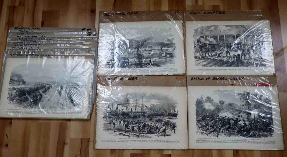 15 CIVIL WAR HARPERS WEEKLY BATTLES & PLACES: 15 pages taken from Harpers Weekly includes Gettysburg, Fort Sumpter, Fort Walker and others Wrapped and supported by cardboard. All legible condition.