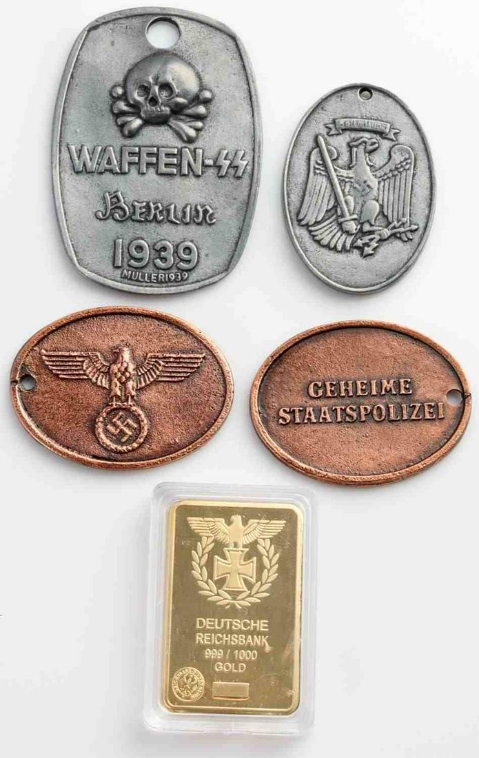 5 LOT WWII 3RD REICH GERMAN GESTAPO POLIZEI TAGS: Lot of 5 WWII Third Reich tags: Gestapo, Army, Secret Field Police, Prussian State Police, and Waffen SS Berlin. The tags measure from 1.25 to 2.5 inches in diameter. Unauthenticated, sold as is.