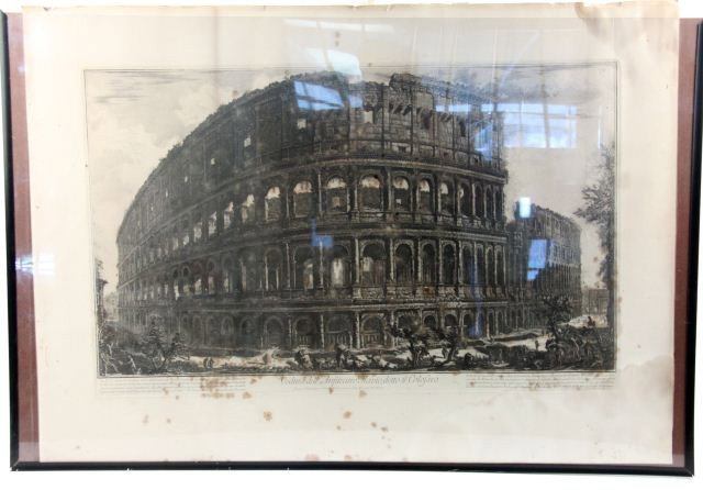 PIRANESI ETCHING OF THE COLOSSEUM IN ROME: Giovanni Piranesi (Italian, 1720/1778), "Veduta dell'Anfiteatro Flavio, ditto il Colosseo", late 18th c., etching, from Veduti di Roma, inscribed "Piranesi F." in plate at lower right, sight 17.5 by 2