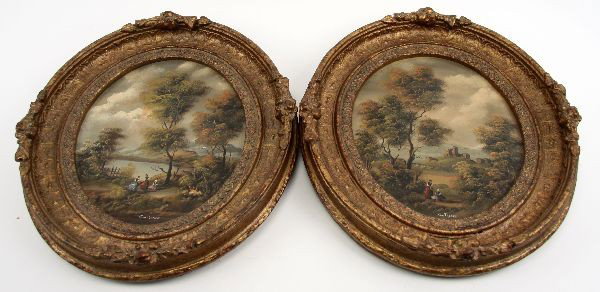 PAIR OF FRAMED VAN THOREN PASTORAL SCENE PAINTINGS: OTTO KARL VAN THOREN (1828-1889)each duly signed lower center. Pair of oval (10 by 12 inches) oil on board paintings depicting figures in a pastoral setting. Matching newer frames (15.5 by 17 inches o