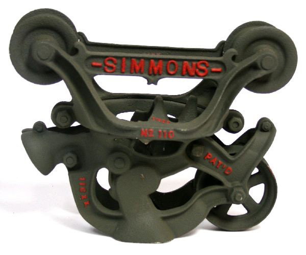 ANTIQUE SIMMONS I BEAM TROLLEY: Antique Simmons steel I beam trolley. Repainted, good condition.