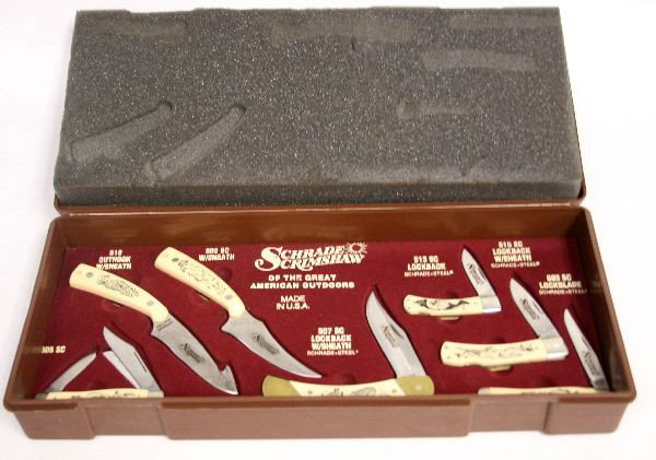 SCHRADE SCRIMSHAW 7 KNIFE SET IN CASE: Schrade Scrimshaw 7 knife set, in plastic case. Models include 505 SC, 518 Guthook, 502, 507SC Lockback, 513 SC Lockback, 515 SC Lockback, 503 SC Lockback.