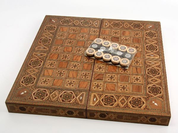 SYRIAN/BACKGAMMON INLAID CHESS SET: Syrian backgammon/chess set, features mosaic inlay work; handcrafted in Damascus.